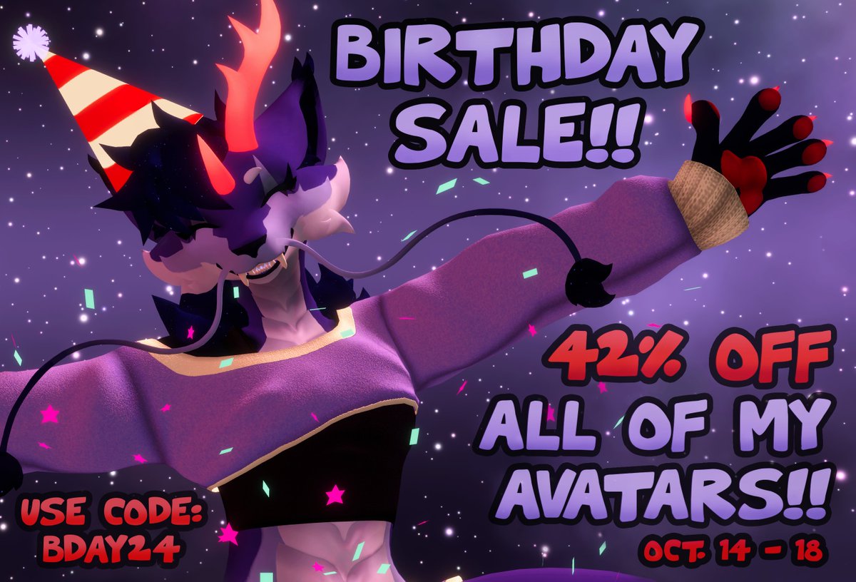 CallistaKirin's tweet photo. It's my 24th birthday, so have 42% off on all of my VRChat avatars!! 🥳

This is the biggest sale I'll have for a good while, so get 'em cheap while you can!!
RTs appreciated, and feel free to comment which avi you might grab!

Discount code is "bday24" 🎉🎉
Link in 🧵below! https://t.co/N6B0KfoVfA