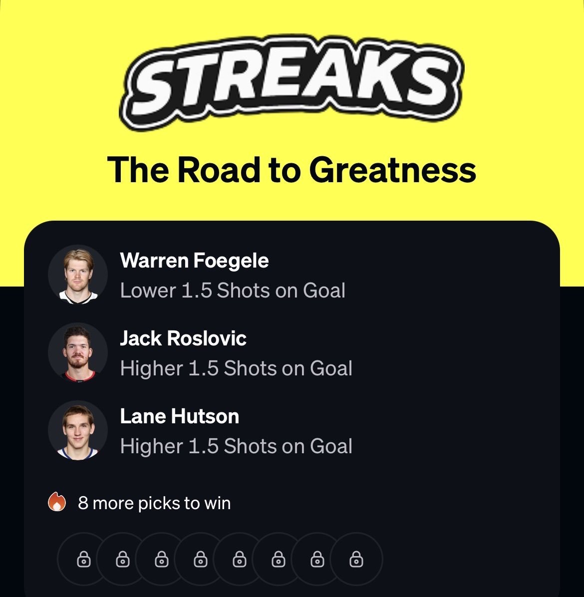 MattLockfmlv's tweet photo. DAY 3 🦈🔥💰

Hutson gets to face his brother tonight, so hopefully he comes out firing! 👀🔥

Let’s survive Day 3 and keep this streak rolling! 😈

#NHL #Streaks @Playbook https://t.co/lFAQkU9ZpP