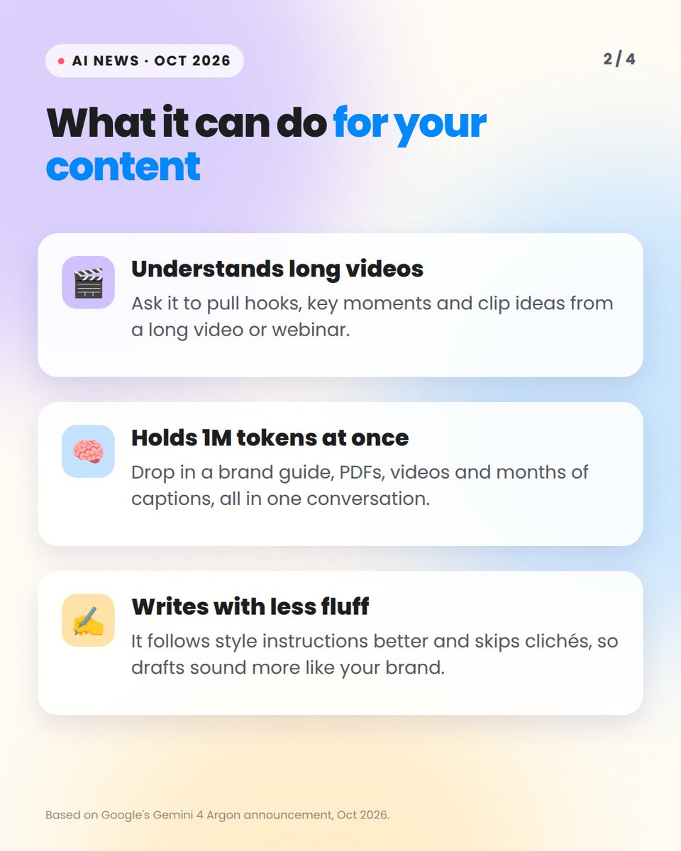ContentStudioio's tweet photo. Google just released Gemini 4 Argon.

For social media teams, the highlights:
→ understands long videos
→ holds your whole brand guide at once
→ writes with fewer clichés
→ finishes multi-step jobs

AI models change every few months. Your content setup shouldn't. https://t.co/YH5H5Myvmj