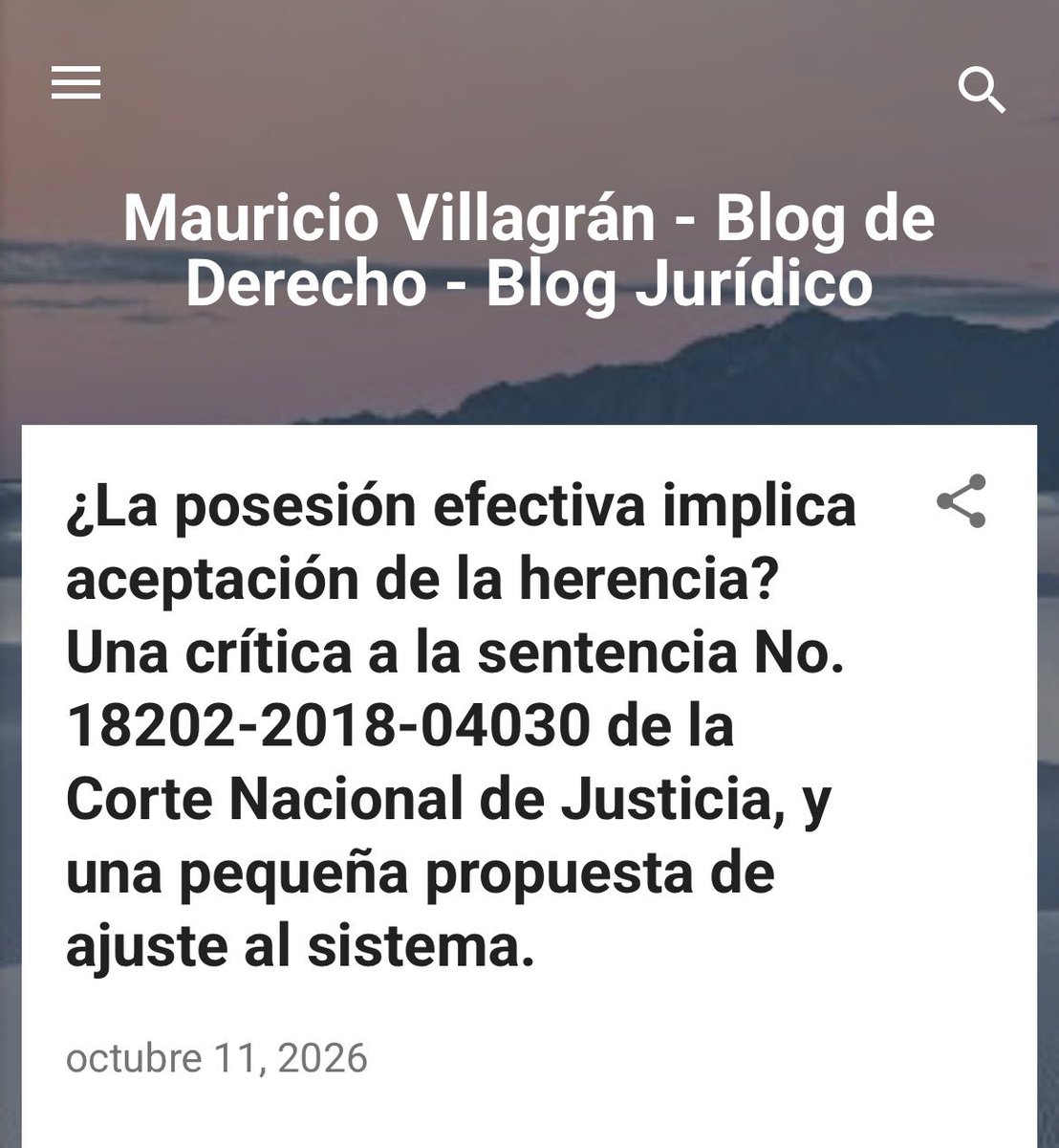 villagrankm's tweet photo. 👉¿Puede una persona obtener posesión efectiva como heredera y después repudiar esa misma herencia? ⚖️

✅La Corte Nacional sostiene que sí; que la posesión efectiva, por sí sola, no implica aceptación de la herencia, y que el heredero puede repudiarla posteriormente. 

🚫Yo sostengo lo contrario, si alguien comparece como heredero y solicita que le otorguen posesión efectiva de los bienes pro indiviso del causante, ese acto significa aceptación si esta no existía antes.

📚 En mi nueva entrada de blog analizo el criterio de la Corte Nacional, sus fundamentos y las razones por las que discrepo.

Te invito a leerla completa en mi blog 👉 https://t.co/ZwH0KLRXTo