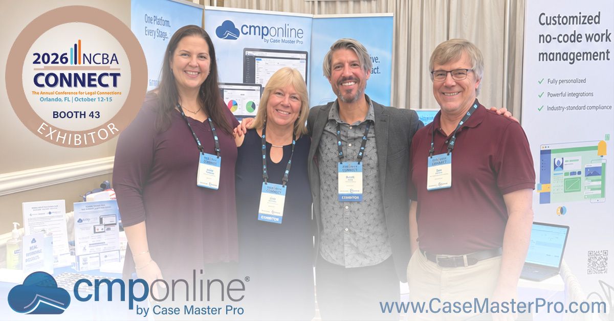 CaseMasterPro1's tweet photo. If you haven’t stopped to say “Hi!” to Geri, Chris, and Rene yet, don’t forget to visit Case Master Pro at Booth 43 like Julie Thompson from Lotane and Associates (left) and Steve Linder from Meyer, Njus, Tanick, Linder &amp; Robbins, PA (right). We’re here throughout NCBA Connect! https://t.co/0cGrLuxj7u