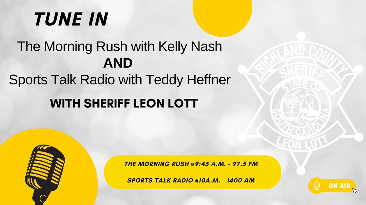 RCSD's tweet photo. Catch Sheriff Lott on air in 30 minutes! Tune in and catch the buzz! 📻 

✅ The Morning Rush with Kelly Nash at 9:45am on 97.5FM
✅ Sports Talk Radio with Teddy Heffner at 10:00am on 1400AM

#TeamRCSD https://t.co/V4mRpS9fBF