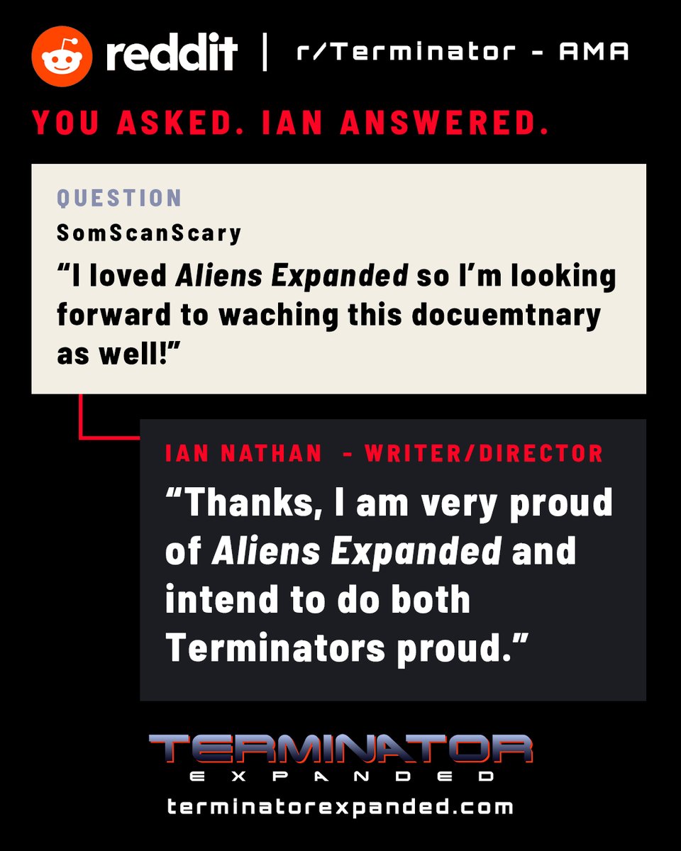 thingexpanded's tweet photo. Thank you to everyone who participated in last week's @terminatorexp AMA with our writer/director Ian Nathan! 

Here are some of the highlights: https://t.co/ACJn3FzBp5