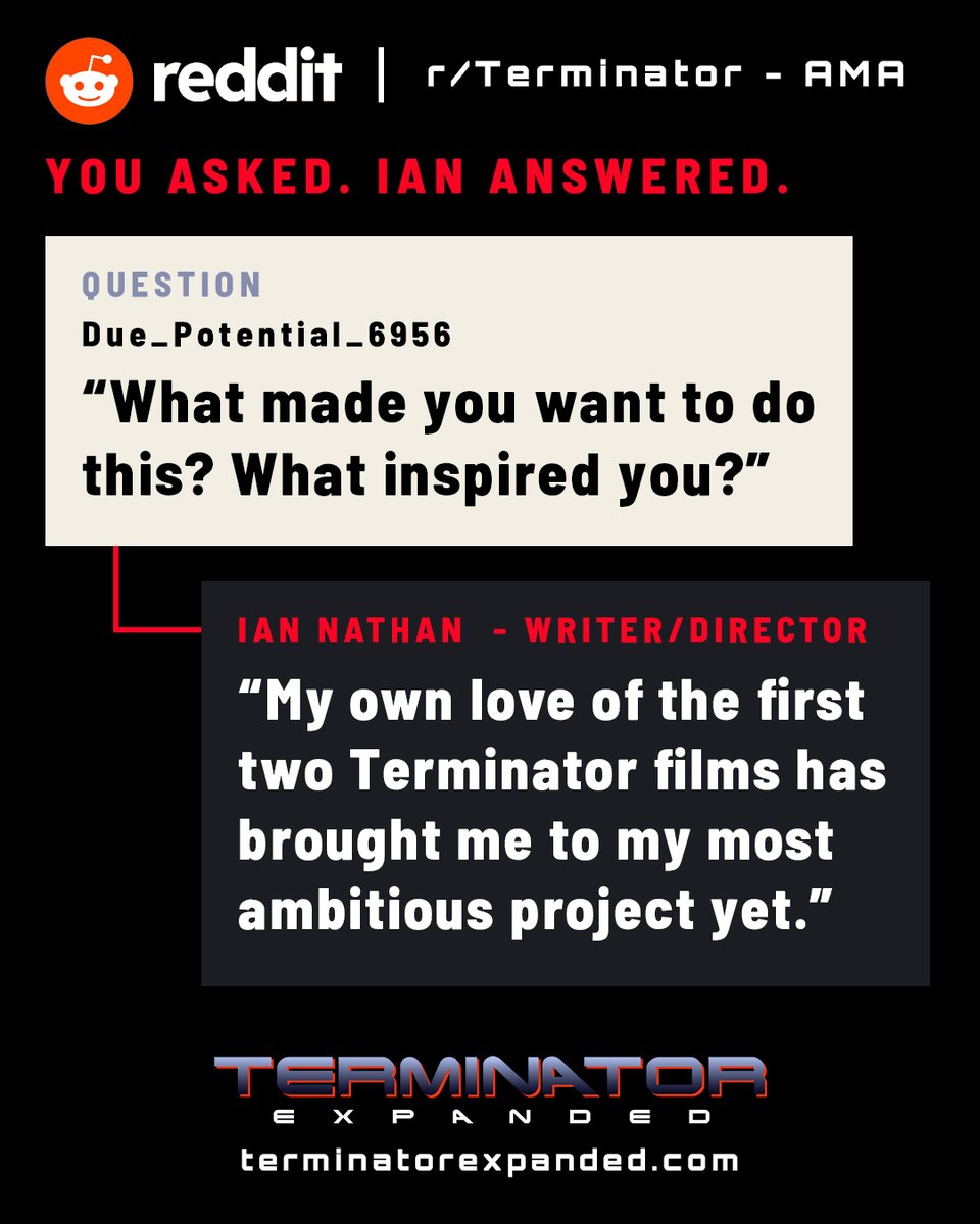 thingexpanded's tweet photo. Thank you to everyone who participated in last week's @terminatorexp AMA with our writer/director Ian Nathan! 

Here are some of the highlights: https://t.co/ACJn3FzBp5