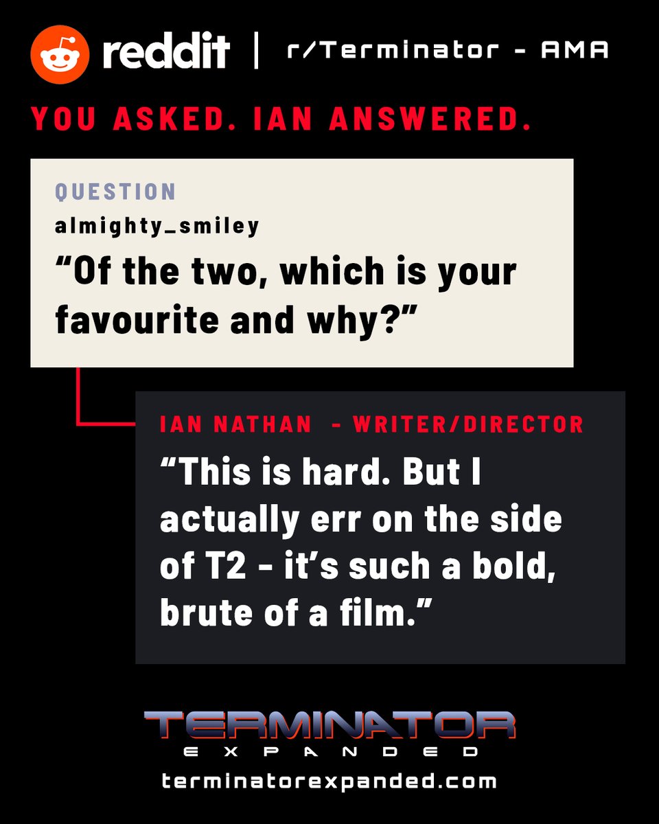 thingexpanded's tweet photo. Thank you to everyone who participated in last week's @terminatorexp AMA with our writer/director Ian Nathan! 

Here are some of the highlights: https://t.co/ACJn3FzBp5