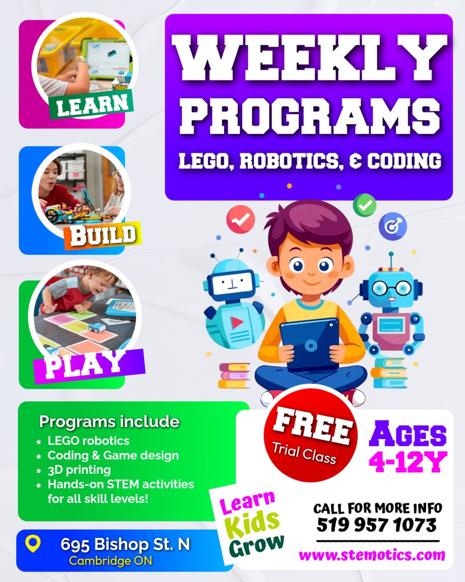 stemotics's tweet photo. 🚀 Build It. Code It. Explore It! 🤖✨

Give your child a taste of the STEM adventure at STEMOTICS with a FREE trial class for ages 4–12! 🎉

🎉 Book your FREE trial today!
👉 https://t.co/oYvMGOyyag

📍 Cambridge, ON | 📞 (519) 957-1073 https://t.co/U7qlOZBhW6