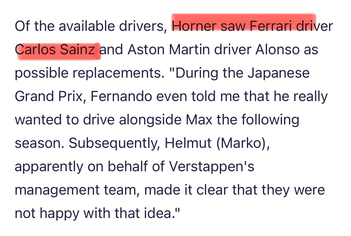 itsnotme_arii's tweet photo. Christian Horner on his autobiography wrote that back on 2025 he saw Carlos and Fernando as possible replacements for Checo but due to “Verstappen’s management team” this didn’t happened

“Of the available drivers, Horner saw Ferrari driver Carlos Sainz and Aston Martin driver Alonso as possible replacements.”

😭😭
