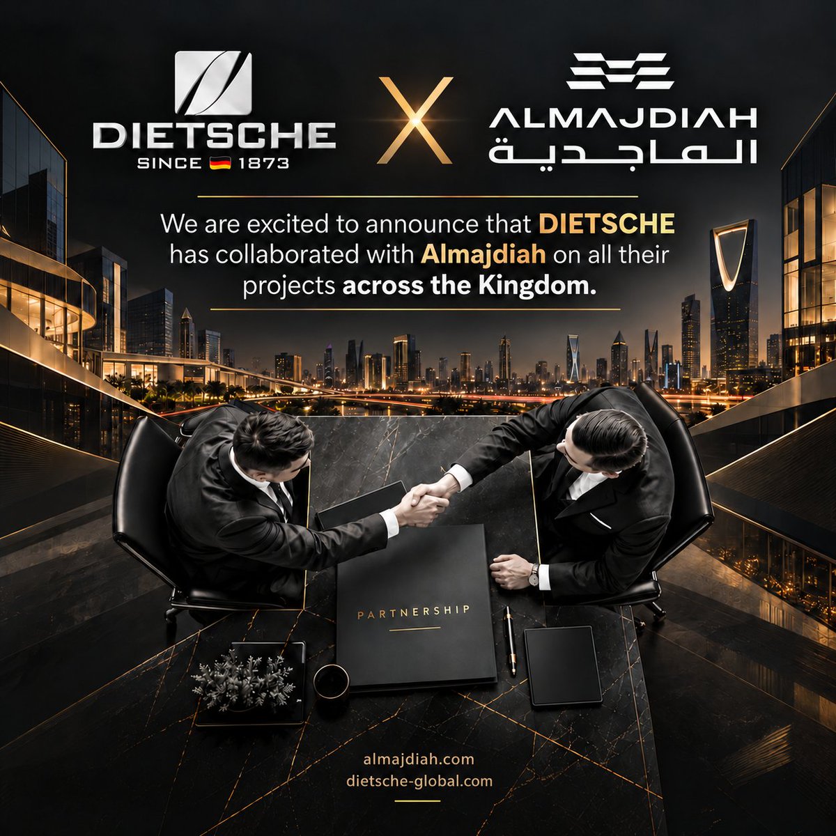 Dietscheglobal's tweet photo. Dietsche is pleased to announce a strategic partnership with Almajdiah.

#Dietsche #Almajdiah #RealEstate #SaudiArabia #Vision2030 https://t.co/TuhiIEC8XF