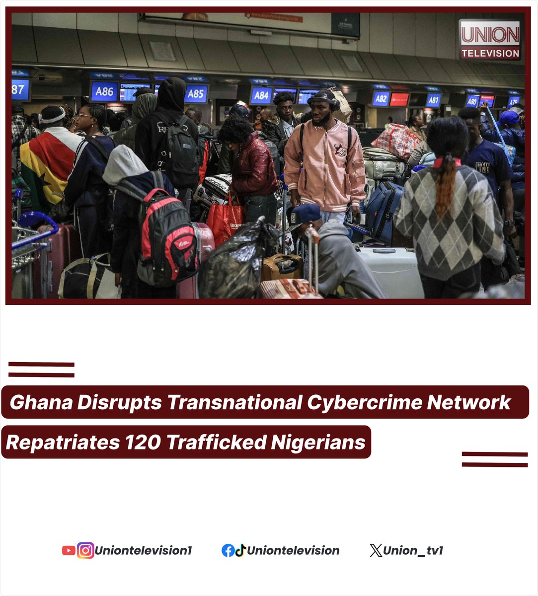Union_tv1's tweet photo. Ghana has successfully repatriated 120 Nigerian nationals who were rescued after being human trafficked...
See Story
https://t.co/bCjT7eXzhe
#UnionTelevision #Ghana #Nigeria #OperationCyberhunt #Cybersecurity #Cybercrime #HumanTrafficking #WestAfrica
Like @Union_tv1 on X https://t.co/JVpTYMFHzY