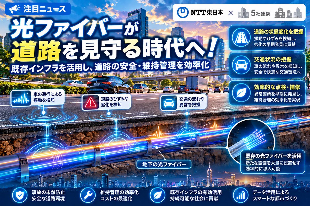 masa_make's tweet photo. 🚗【注目ニュース｜光ファイバーが道路を守る！】✨

NTT東日本など5社が、光ファイバーを活用した次世代の道路管理に向けて連携！

道路の地下などに敷設された光ファイバーで振動を捉え、道路の状態や交通状況を把握する技術の活用を目指します。

すでにある通信インフラが、道路の安全を支える新たな技術へ！🌏

未来のスマートシティに期待！🚀

#NTT東日本 #光ファイバー #次世代技術 #スマートシティ