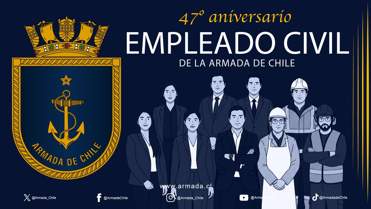 Armada_Chile's tweet photo. En esta jornada la Armada de Chile envía un afectuoso saludo a todos sus Empleados Civiles, reconociendo su gran compromiso y destacadas labores que realizan en la Institución a lo largo del país ⚓️ 🇨🇱

¡Feliz día!

#ArmadaPorChile https://t.co/HryZkHlY3B