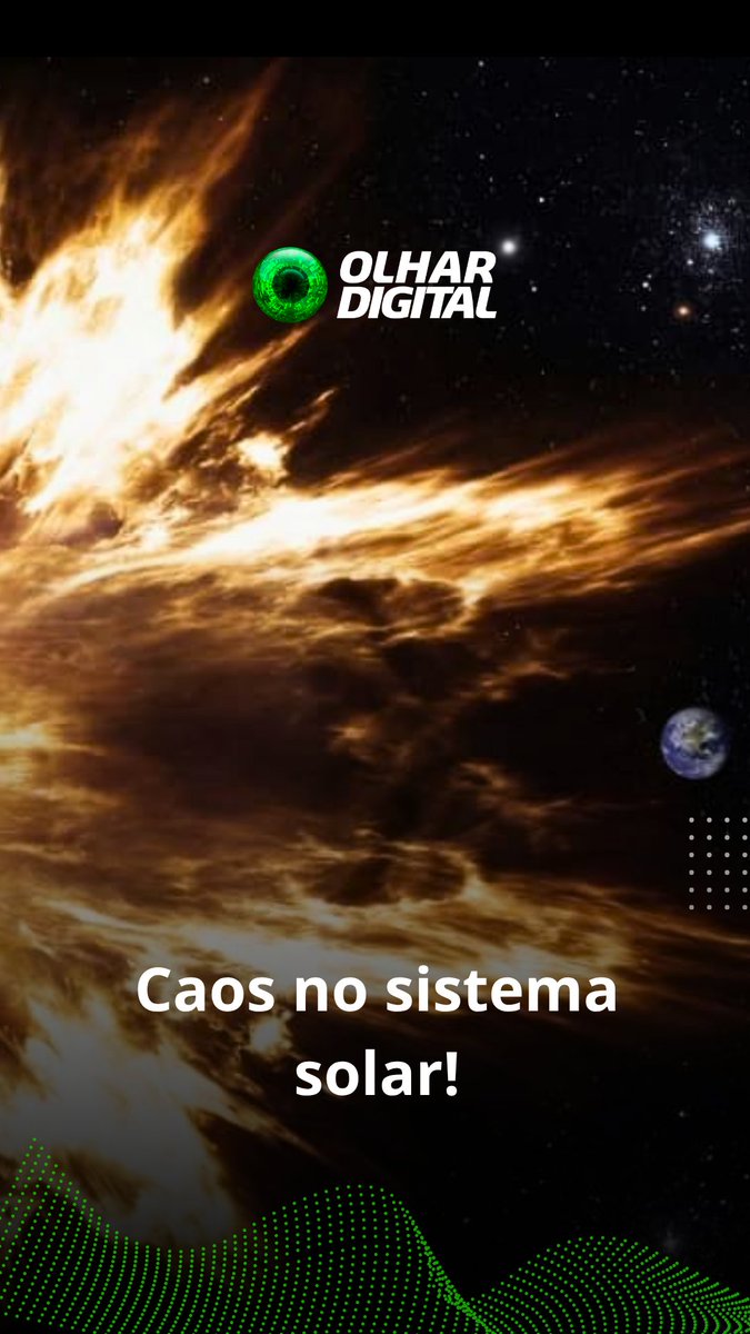 The image is a vertical banner from "Olhar Digital" featuring a dramatic cosmic scene with fiery, swirling solar gases and a small Earth visible in the distance against a starry backdrop, with the headline "Caos no sistema solar!" at the bottom. The illustration visually conveys the post's theme about the Sun's potential death causing chaos across the solar system, depicting the star in a turbulent, apocalyptic state.