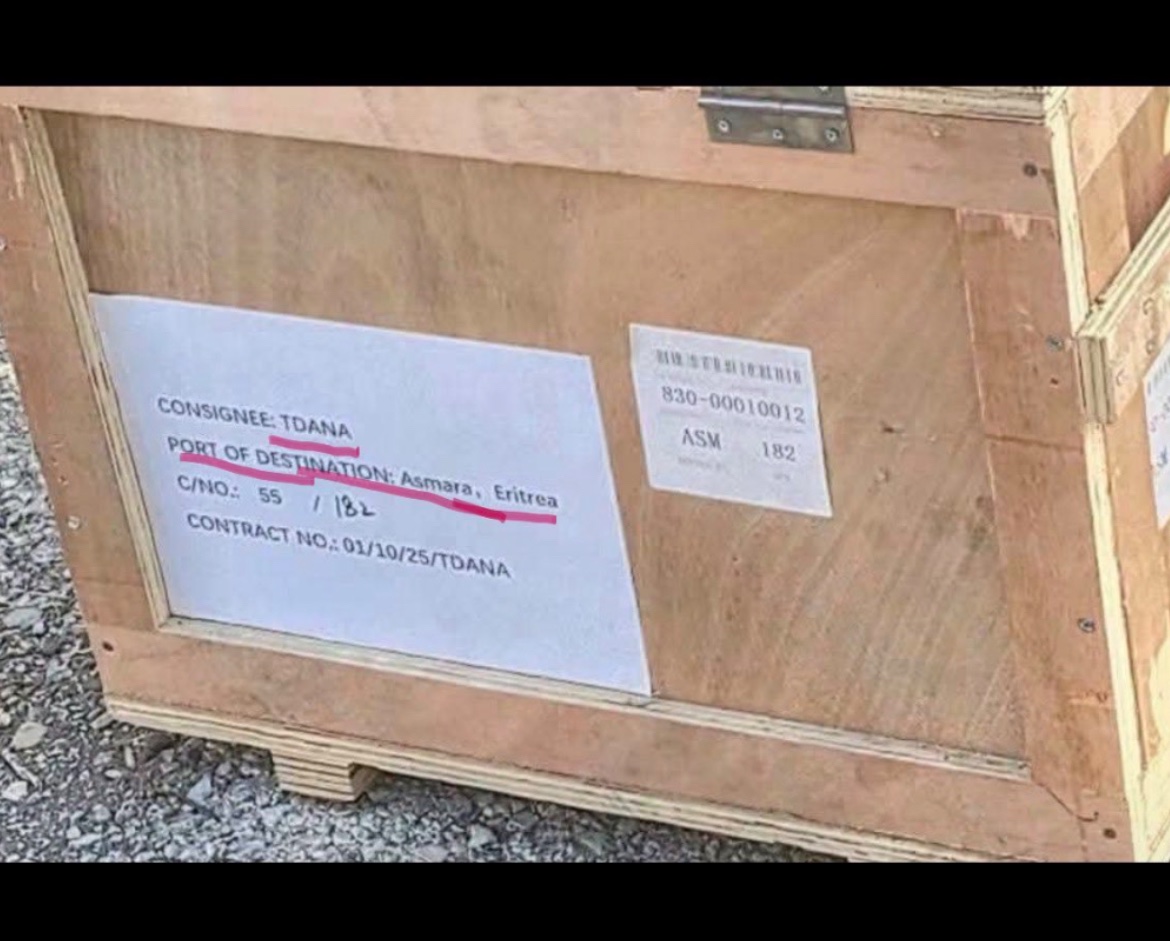 Yonijoni3's tweet photo. Apparently, our military was so dumb when supplying equipment to the TDF that they didn’t even bother removing the evidence. They literally handed over a box with a white plaster paper label reading “Destination: Port of Asmara.”  We are dealing with LOW IQ ppl Folks 🤣💀 https://t.co/KfGsat196K