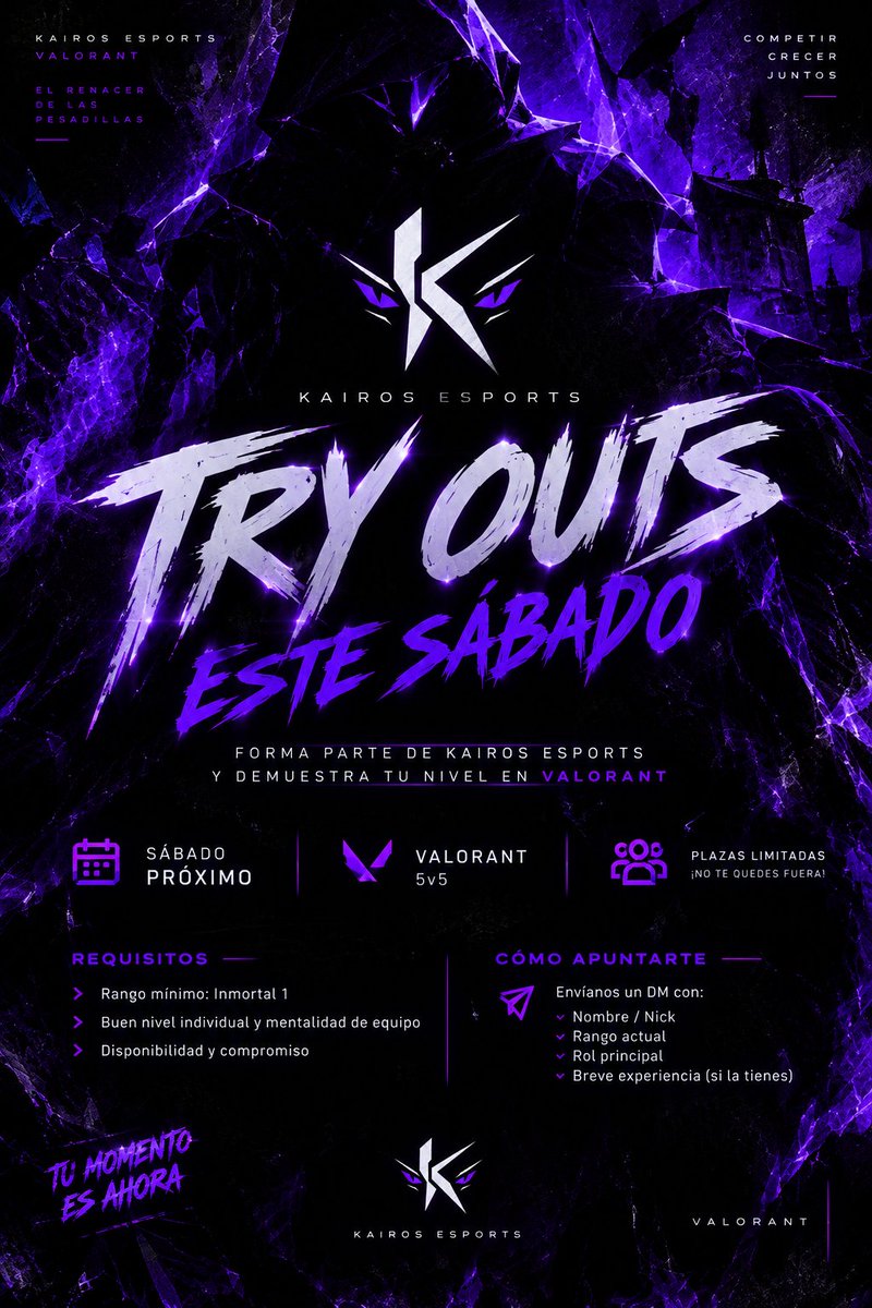 KAIROSesportses's tweet photo. Ya tenemos fecha para los TRY OUTS este mismo sábado, tenemos plazas disponibles todavía para todo el que quiera probarse.

Muchas suerte👀 https://t.co/K973gKEFej