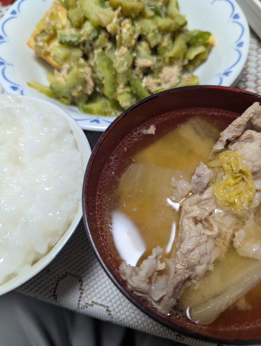 MitsunoRate's tweet photo. 2026/10/14

業務スーパーの冷凍ゴーヤ
を使ったチャンプルー
と
豚肉小パックと
カット白菜の味噌汁
と
はくまい！ https://t.co/ffuGQibASd