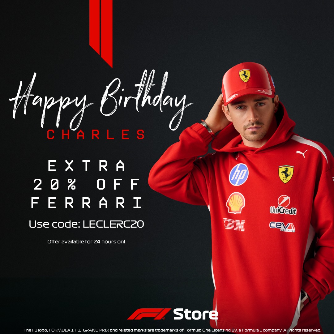 F1's tweet photo. Celebrate Charles Leclerc's birthday with Ferrari teamwear 🤩

Get an extra 20% off Ferrari using the code LECLERC20 on the F1 Store today! 🛍️

#F1