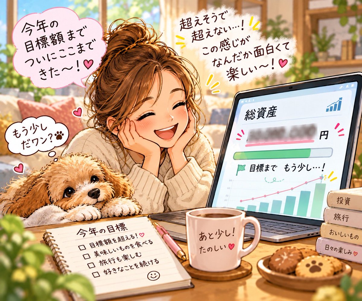 atised90's tweet photo. アプリで総資産をチェックしていたら今年自分で設定した資産形成の目標が、いよいよ目前に😄

超えそうで、なかなか超えない（笑）

長期投資って、こういう小さな目標を楽しむのも面白い。

さて、いつ超えるかな？📈✨
今月だといいな♪
#資産形成 #長期投資 #投資生活 https://t.co/VmZ6KqfjPE