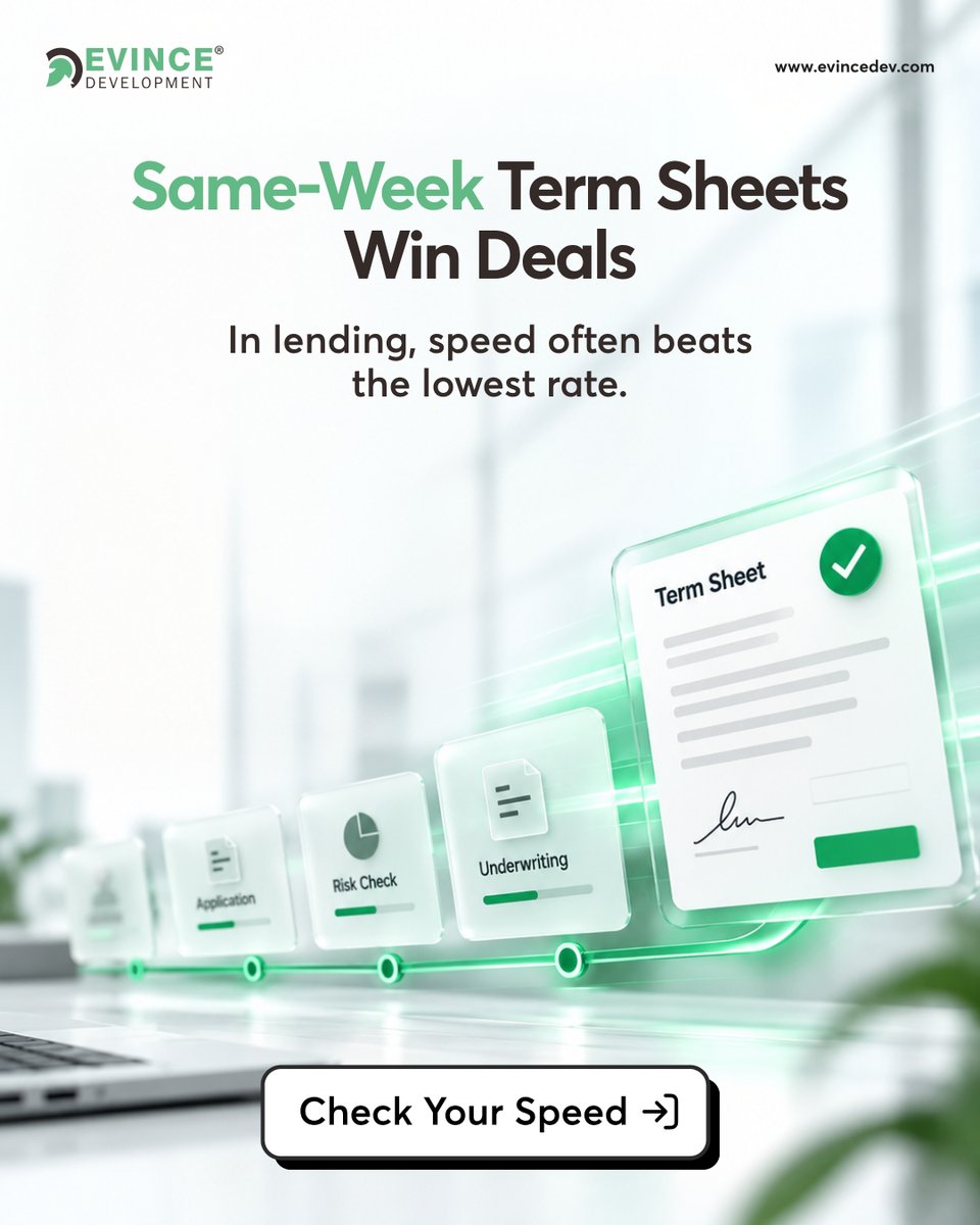 evincedev's tweet photo. Same-week term sheets give lenders a competitive edge.

Faster credit decisions help win deals without sacrificing control. Modernizing lending workflows reduces delays &amp; manual handoffs.

How fast is your process? https://t.co/LpIp0lTzpG

#CommercialLending #FinTech #EvinceDev https://t.co/7delAfCXHE