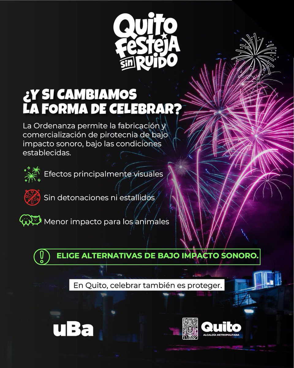 UBAQuito's tweet photo. 🎆🚫 #QuitoSinPirotecnia | La pirotecnia está sancionada en Quito.
Si eres testigo de su uso, mantente atento y, si el hecho está ocurriendo en ese momento, llama al 911 para que la alerta pueda ser coordinada. 📞🚨
#MunicipioDeQuito https://t.co/zGV5S2gXS9