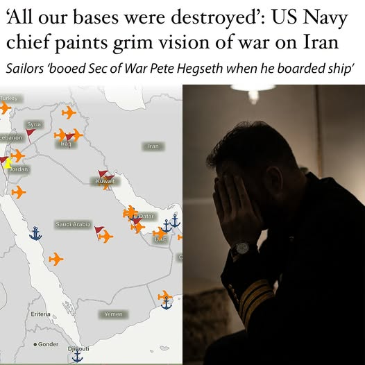 JamesTate121's tweet photo. U.S. WARSHIPS IN WATERS around Iran could not dock anywhere because “all our bases were destroyed”, a Navy chief revealed yesterday.
The USS Abraham Lincoln actually ran out of food in just four months—and sailors had to rely on special rations for the next six, he added.
Shocking details of the US's tortuous war on Iran were revealed by an unnamed Navy chief from the USS Abraham Lincoln, interviewed by California mortgage broker Jason Hall, a personal friend.
Hall’s write-up quickly got more than a million views on X, the social media platform.
SAILORS BOO HEGSETH
Secretary for War Pete Hegseth was greeted with boos by sailors when he boarded the USS Abraham Lincoln, the senior sailor revealed.
“Hegseth went on the ship the day before they got back & was soundly booed. Said he’s never seen that.”
As for the news reports about how bad conditions were in terms of food and other supplies, “it was worse”, the Navy chief told him.
“Said he & other officers met with the Admiral of the Navy. They asked what was going on & he said he had no idea. Zero clear direction of from DoD, terrible organization, no idea of objective, no plan at all & no support. Just a total cluster & Mickey Mouse operation,” said Hall, who uses the online name Jhallito.