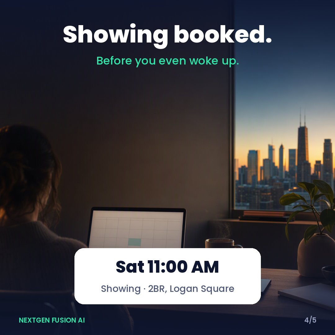 NextGenFusionAI's tweet photo. 4/ They reply with a number, the showing is booked, and you get a text alert. The morning of, Sarah sends the renter a reminder. Reschedules and cancellations are handled over text too. https://t.co/spNRhw2iH9