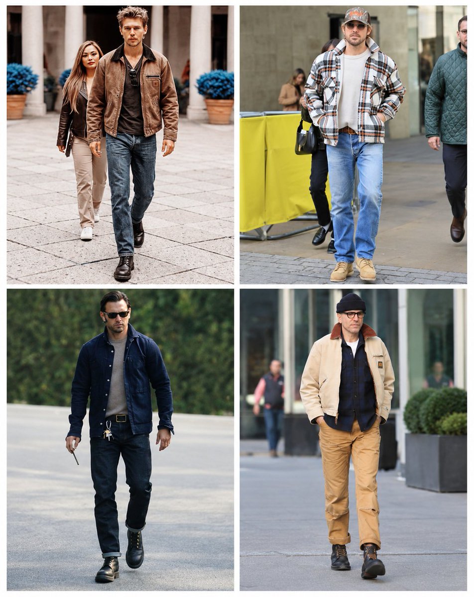WellBuiltStyle's tweet photo. The work wear aesthetic (Austin Butler and Ryan Gosling own this look btw). 

How to create it? 

Think chore coats, denim truckers, utility jackets (Carharrt), denim jeans, heavyweight chinos, fatigue style chinos, moc toe wedge boots, flannels, waffle knits, henleys, seedstitch sweaters etc.