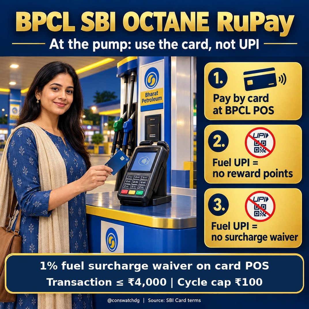 conswatchdg's tweet photo. ⛽ BPCL SBI Octane RuPay: 1. Use card, not UPI. 2. Fuel UPI earns no points or surcharge waiver. 3. 1% POS waiver: up to ₹4k/txn, ₹100/cycle. @SBICard_Connect @BPCLimited https://t.co/8k1JMMFrPe Apply: https://t.co/UQcJrDuwuC #Cards #Fuel Follow @conswatchdg for more updates https://t.co/AxGRVxxtC0