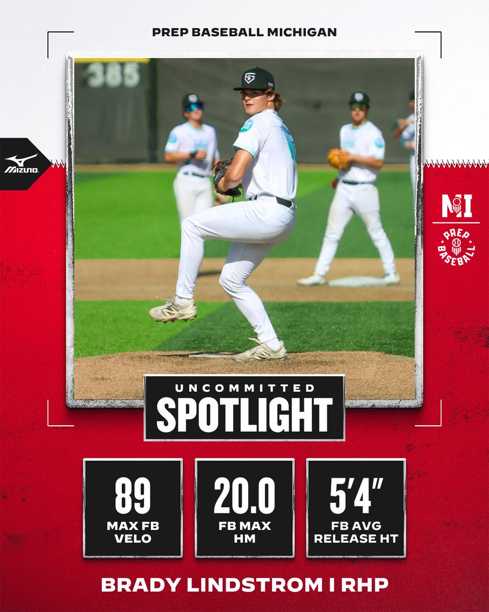 PrepBaseballMI's tweet photo. 𝕌𝕟𝕔𝕠𝕞𝕞𝕚𝕥𝕥𝕖𝕕 𝕊𝕡𝕠𝕥𝕝𝕚𝕘𝕙𝕥

Brady Lindstrom had a breakout year on the mound

#PBSFG26 participant up to 89 w/ run from lower slot, also features CH and tight breaker

Competitor on the mound emerged as ace and went 8-0 for state runner up @AdamsBaseball last spring 

@BradyLindstrom3 | @PB_Uncommitted