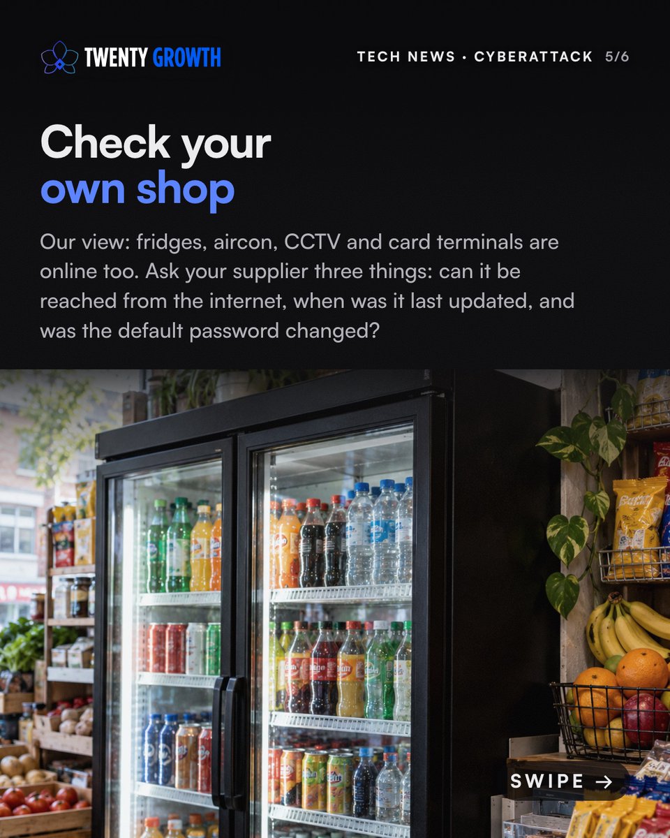 TwentyGrowth's tweet photo. Hackers took over the fridges in hundreds of French supermarkets on 11-12 Oct and forced them into defrost. Fresh food thrown out.

Is your shop's equipment reachable from the internet: yes, no or not sure?

https://t.co/Jn9cbUye73
#cybersecurity #sme https://t.co/LHR2zqCk8G
