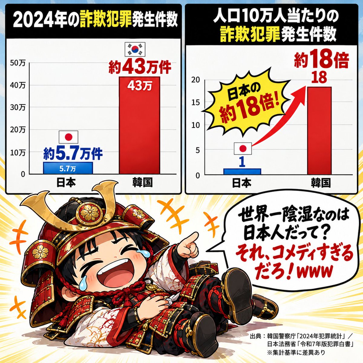nazenazekankoku's tweet photo. 「世界一陰湿なのは日本人」だって？🤣

では、数字で比較してみましょう。

2024年の詐欺犯罪発生件数は、

🇰🇷 韓国：約43万件
🇯🇵 日本：約5.7万件

人口10万人当たりに換算すると、韓国は日本の約18倍。

根拠もなく日本人を「陰湿」と決めつける前に、
まずは自国の詐欺犯罪の多さを心配したらどうですか？
