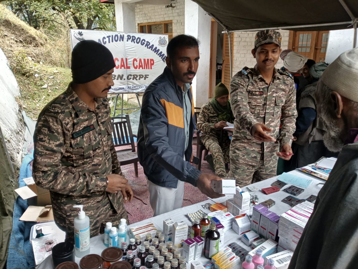 46BNCRPF's tweet photo. On 14 Oct 2026, C/46 Bn CRPF organised a Medical Camp at Govt. Middle School, Hallan, Kulgam, under the Civic Action Programme. Medicines were provided to the needy, strengthening bonds of trust and goodwill with the local community. @crpfindia @KOSCRPF https://t.co/WPM3tnqcBm