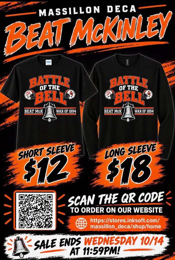 MassillonSchool's tweet photo. Get Ready for the Battle of the Bell! Orders Close TONIGHT!🐅🔔

Show your Tiger pride with WHS DECA Marketing’s Beat McKinley shirts!

https://t.co/UENu89mk08 https://t.co/U3QkquvHCg
