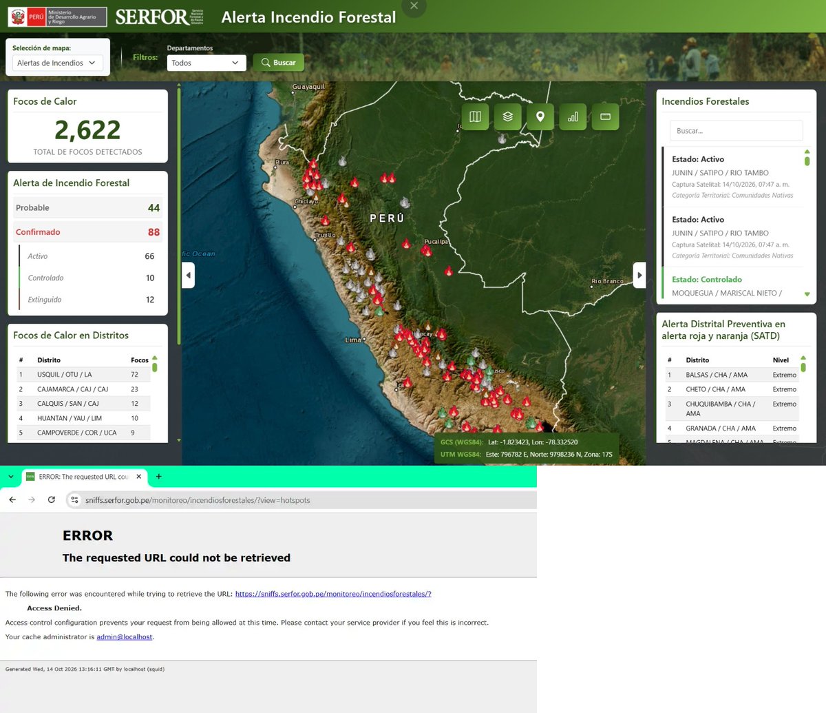 juank23_7's tweet photo. 🚨PERÚ: El último reporte satelital (07:47 a.m.) registraba 66 incendios forestales ACTIVOS(superando los 55 reportados anoche).
Sin embargo, ahora mismo (08:35 a.m.) el portal web de SERFOR se encuentra bloqueada con error de Acceso Denegado y sin visibilización alguna.