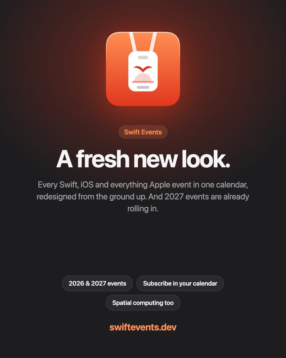 SwiftEventsdev's tweet photo. Swift Events has a fresh new look! ✨

Every Swift, iOS and everything Apple event in one calendar, now with a new design, a calendar you can subscribe to, and 2027 events already coming in.

Know an event we’re missing? Let us know! 🚨

@alemohamad @Apple https://t.co/fJ6yBfDzaO