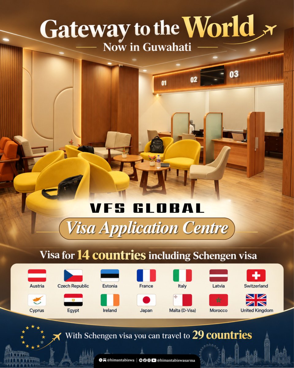 himantabiswa's tweet photo. Assam, are you ready to take off? 

Tomorrow, I will inaugurate North East's first Visa Application Centre, which will bring visa services for several countries closer to the people of the region.

International travel becomes more accessible and convenient, right now

@VFSGlobal https://t.co/7bqBgxNKOj