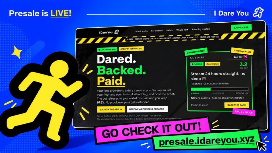 KryptOrbz's tweet photo. What if your next viral moment came with a real cash reward? 👀🔥

Internet challenges are nothing new, but @idareyouxyz is giving them a whole new twist by bringing them onchain and putting real money on the line.

Here’s how it works 👇

💰 Your community raises funds for a challenge they want you to take on.

🎯 You choose whether to accept, decide your price, and establish your own boundaries.

📹 Complete the dare and submit proof for verification.

Get approved, and 97.5% of the total pool goes straight to you!

No valid proof? No payout. Instead, contributors get their money back.

It’s more than just another online challenge. It’s a new way for creators to earn, fans to participate, and communities to turn entertainment into real rewards, all powered by onchain technology. 🚀

The question is: How far would you go for a funded dare? 👀

Explore the platform 👇

https://t.co/7YcbnoKQkB
TG: https://t.co/ER9vxRZkar
X: @IDareYouxyz

https://t.co/Yc44JAHbZT