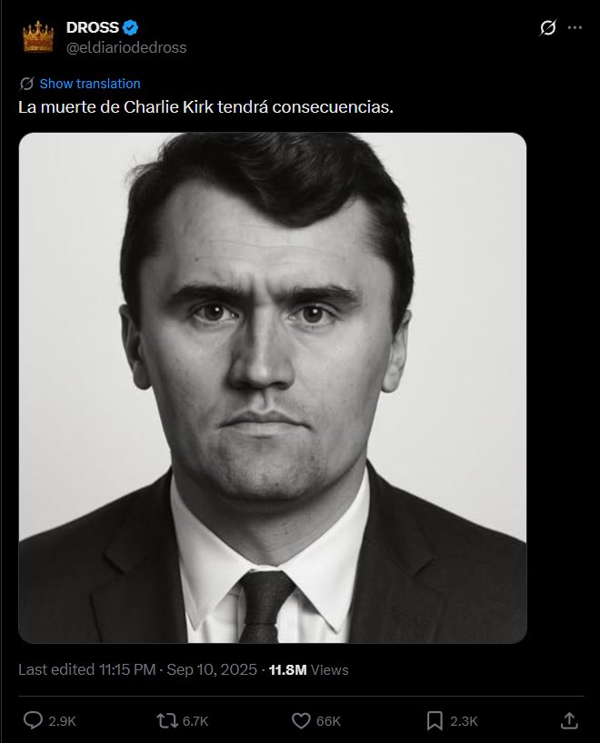 xPodrii's tweet photo. "La muerte de Charlie Kirk tendrá consecuencias."

Las consecuencias: https://t.co/WhdJgnLXRY