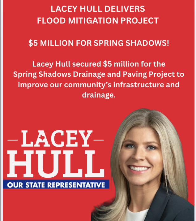 LaceyHullTx's tweet photo. I secured $5 million for the Spring Shadows Drainage & Paving Project to improve neighborhood drainage and infrastructure. Investing in drainage and infrastructure is essential to protecting our communities and improving flood resilience. I was happy to partner with Houston City Council Member Amy Peck and the City of Houston on the Spring Shadows Drainage & Paving Project to address these important infrastructure needs.