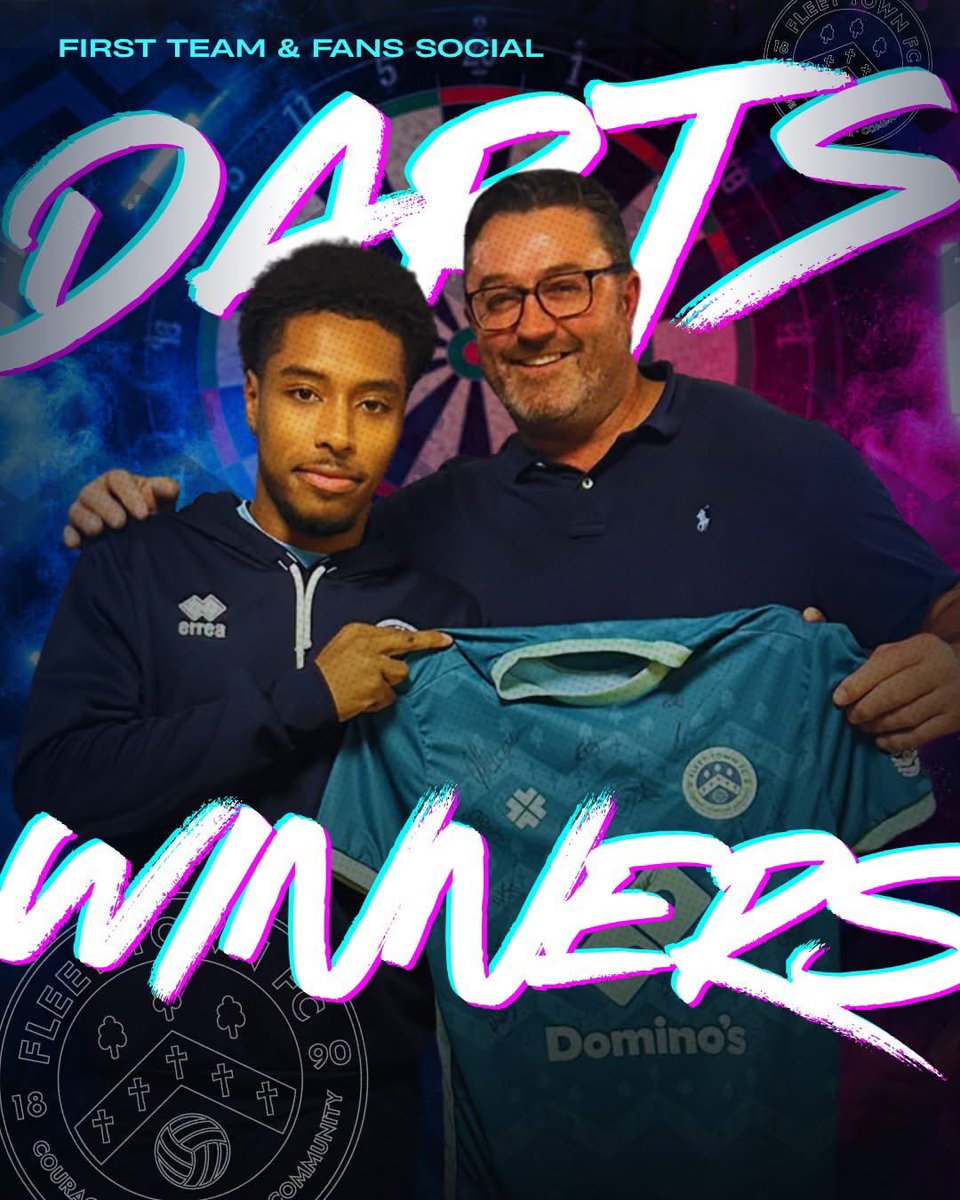 FCFleetTown's tweet photo. Wow, what a fantastic night at our first-ever Fleet Town Darts Competition! 🎯 

Our first team layers and fans came together for a brilliant evening of darts, laughs and some questionable finishing! 😂

Huge congratulations to Calvin Gower and Kev De Barros, who took home the title! Calvin was particularly happy to collect his signed Fleet Town shirt and a few beers for his efforts! 🏆

Even better, we easily raised our fundraising target for Ben Cook! 💙

A massive thank you to everyone who played, came along and supported the night.

One thing's for sure – there's a real appetite for more social nights like this at the club, and we've got plenty more planned!

Watch this space! 👀
