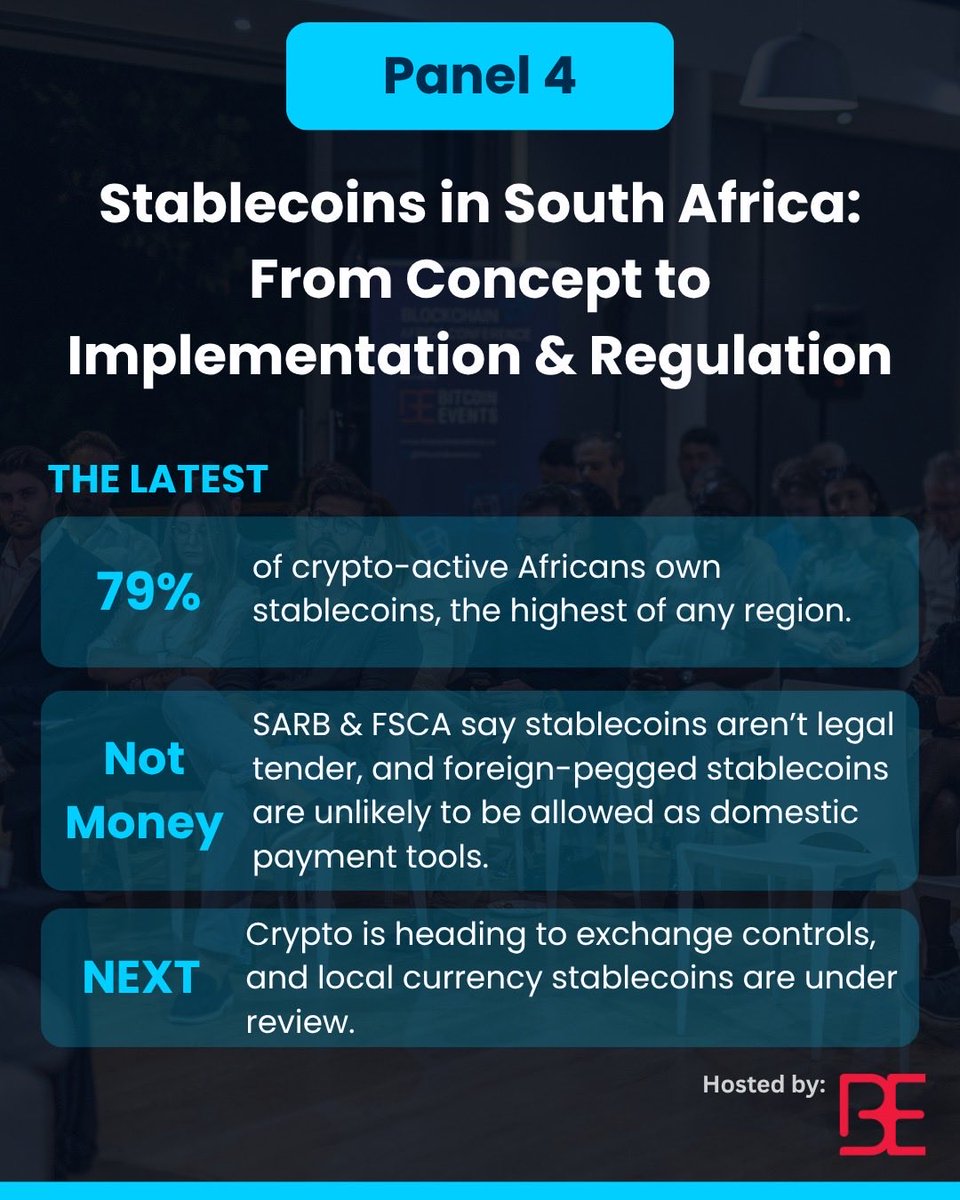 BitcoinEventsCo's tweet photo. Less than 24 hours to #BAC26.

Panel 4: Stablecoins in South Africa, moderated by Leopoldt Jansen van Vuuren, with Dr Wiehann Olivier, Carel de Jager and Sean Emery.

Seats are limited. Tickets at the door or secure yours now: https://t.co/EbDJjiNYst https://t.co/6LQCPgSsmZ