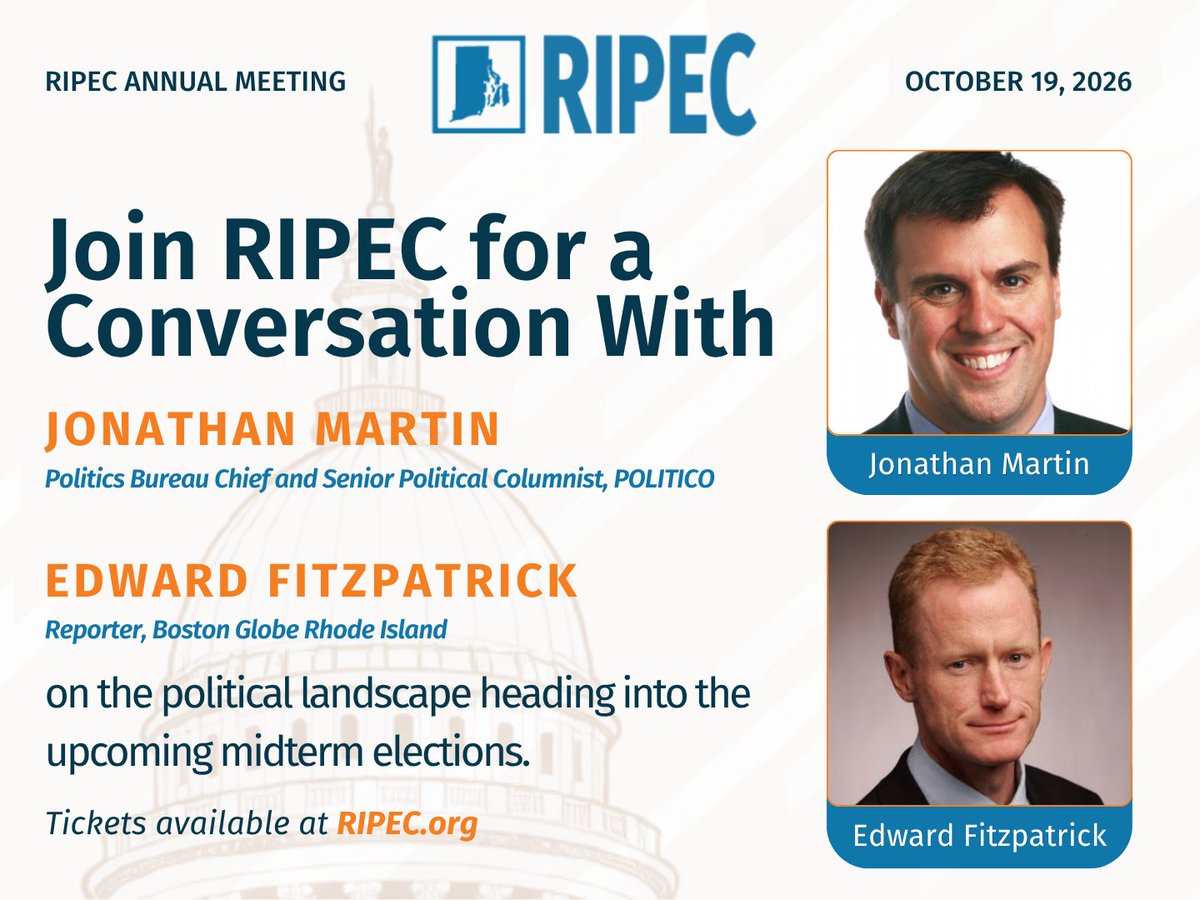 RIPEC_'s tweet photo. RIPEC’s 83rd Annual Meeting is five days away. Join us Oct. 19 for an evening of conversation and connection, featuring POLITICO’s @jmart  and the Boston Globe’s @FitzProv on the upcoming midterm elections.

https://t.co/ZBkFlMHNDY https://t.co/3zXSqMLthL