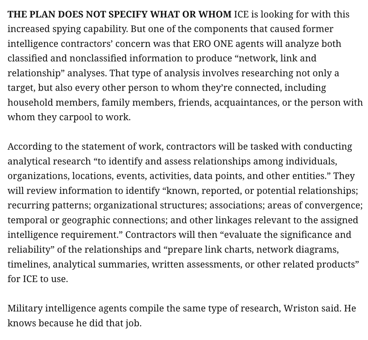 ddayen's tweet photo. ICE is hiring 142 intelligence contractors with top secret clearances to collect and analyze information to inform raid targets. "It looks dangerously like the construction of an internal spying agency," said an ACLU official. https://t.co/rzvDDvdHSt https://t.co/TDo9U0vgfY