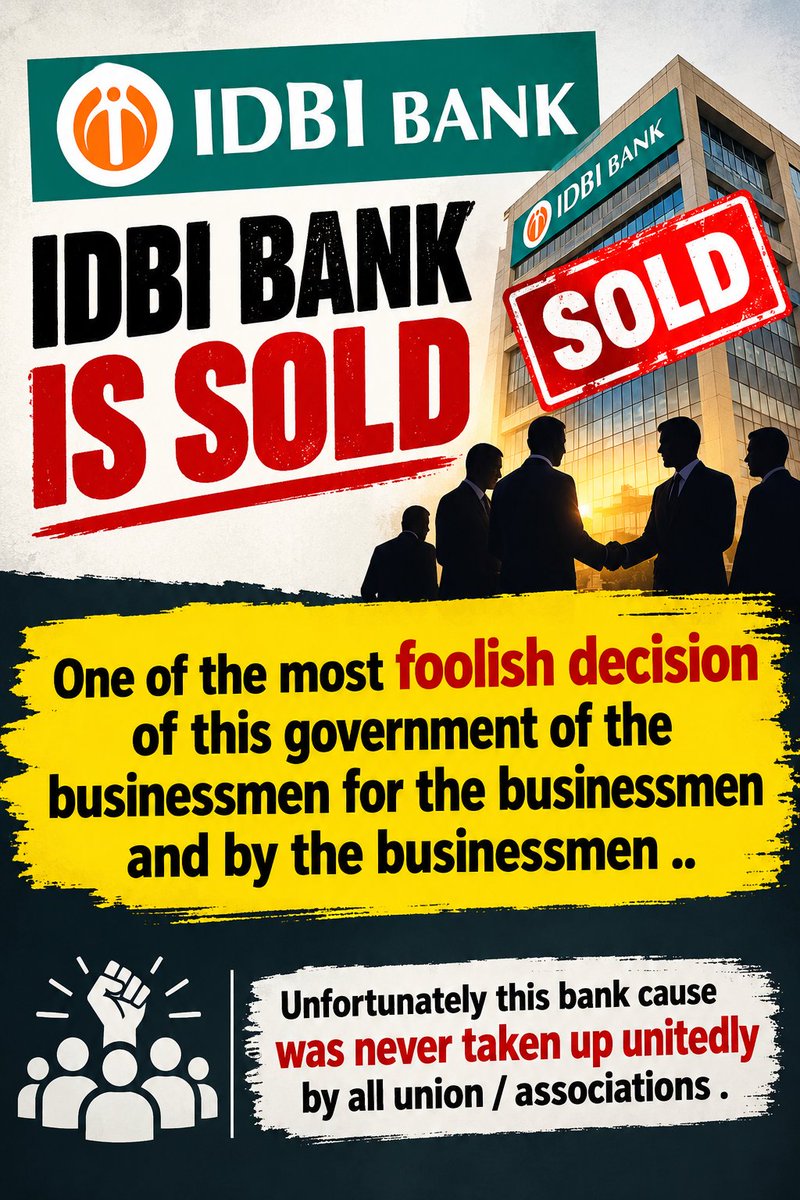 Cockroach4Bank's tweet photo. 20,000 IDBI Bank employees who cleared IBPS exams to join Govt owned Bank must be feeling cheated as it sold to a foreign entity https://t.co/sSMwQVoSIV
