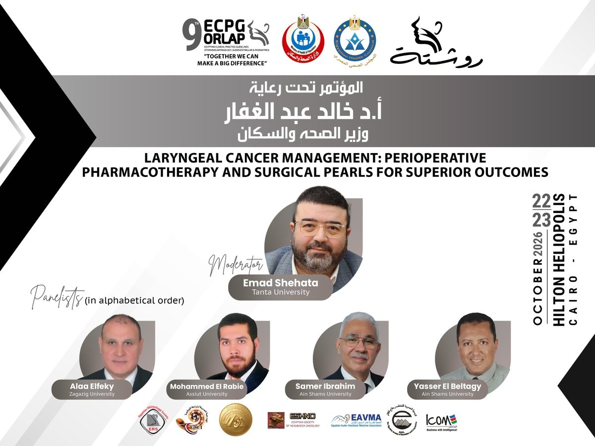 RhinoEgypt's tweet photo. Your next great learning experience starts here! 🎯

Explore laryngeal cancer management, perioperative pharmacotherapy &amp; surgical insights at #ECPGORLAP2026, moderated by Prof. Emad Shehata.

EGP Registration: https://t.co/0cC24bMTFM
USD Registration: https://t.co/EWtf22dO5b https://t.co/OffFepuLno