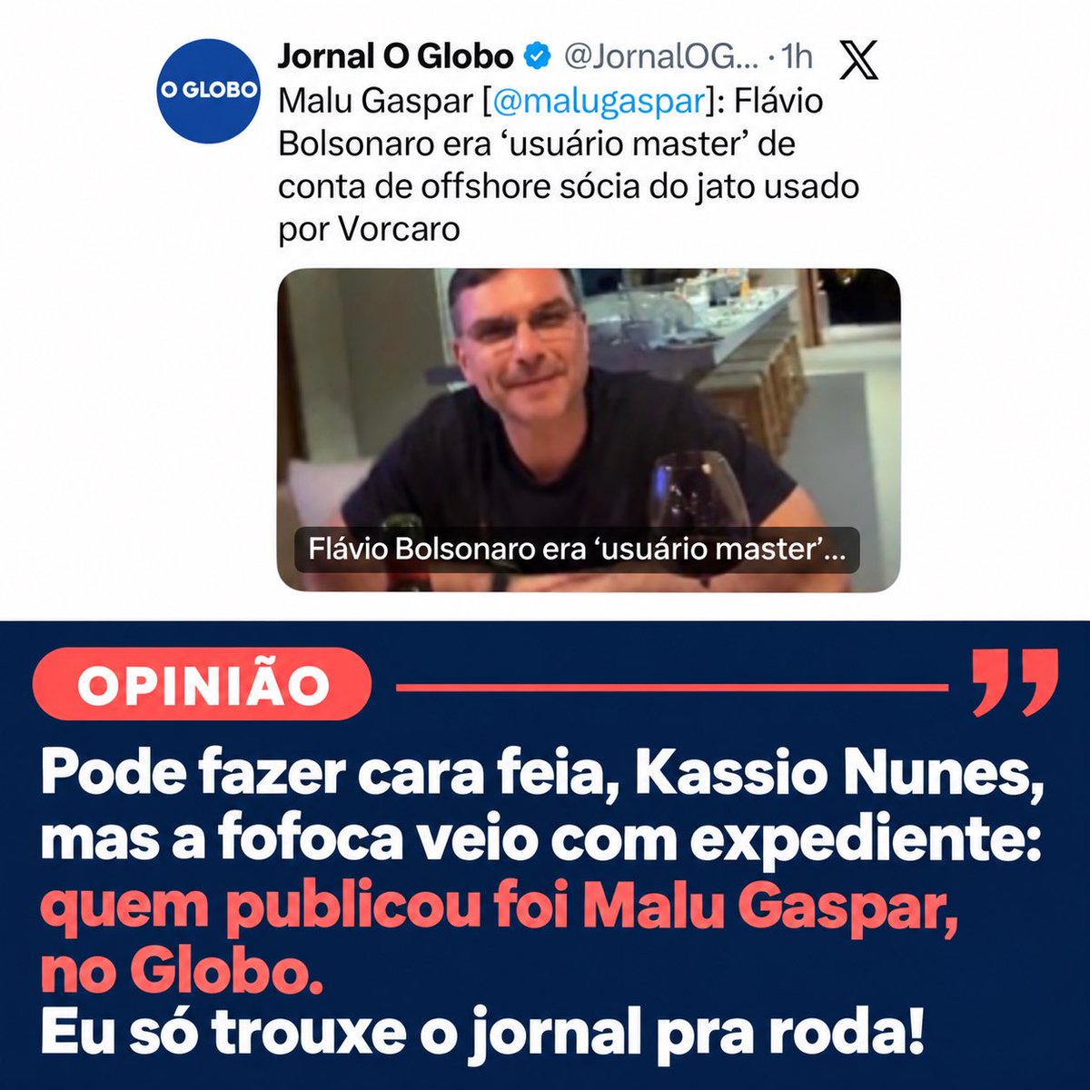 SRivoltril's tweet photo. Pode fazer cara feia, Kassio Nunes, mas a fofoca veio com expediente: quem publicou foi Malu Gaspar, no Globo. Eu só trouxe o jornal pra roda! 👀😂 https://t.co/ru8coTROsD