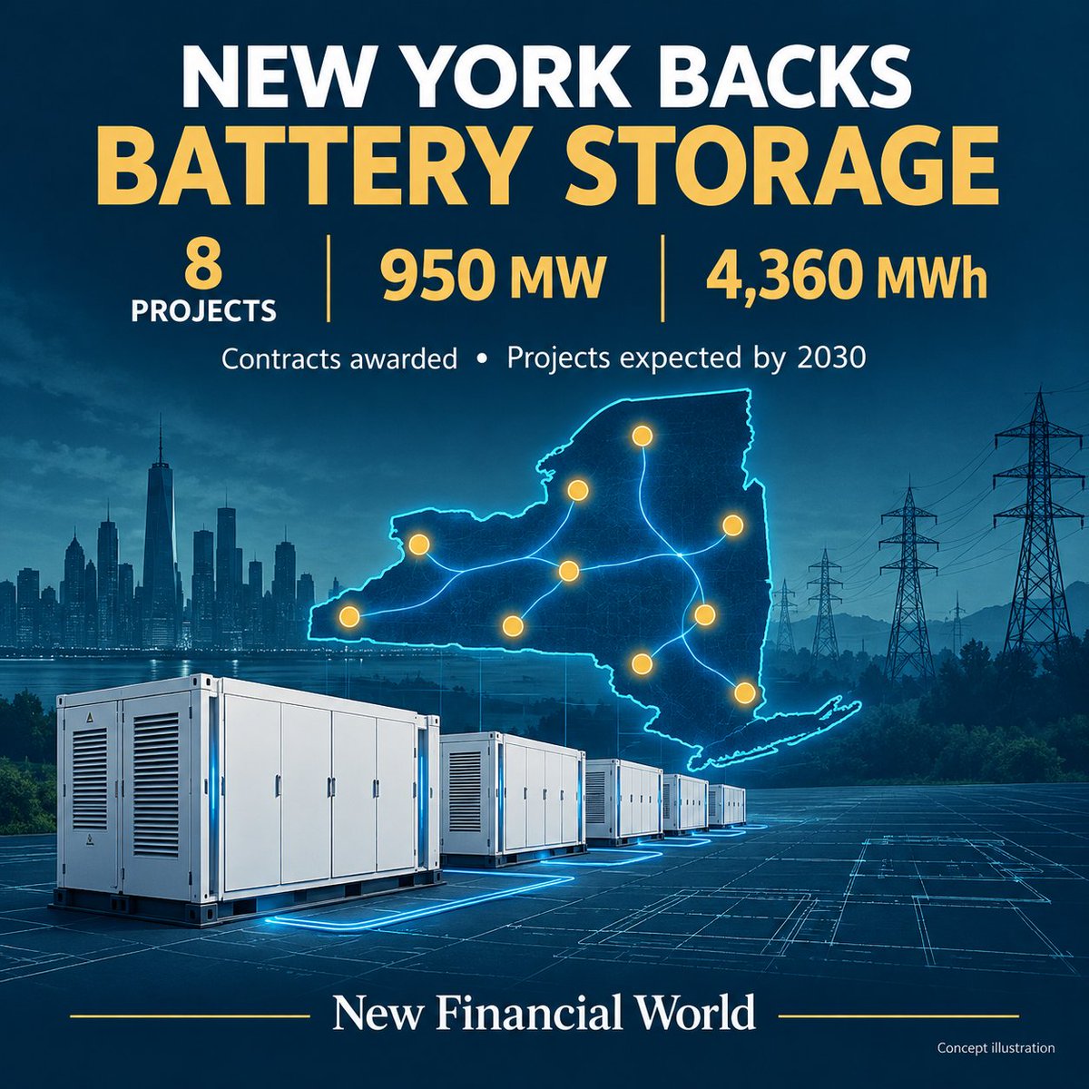 nfwfla's tweet photo. New York is putting financing mechanisms behind its battery-storage ambitions.

NYSERDA awarded contracts to eight projects totaling 950 MW of power capacity and 4,360 MWh of storage. Projects are expected online by the end of 2030, subject to permits and local approvals. 

The key detail: its Index Storage Credit model helps stabilize project revenues giving developers greater certainty to finance and build. Payments begin only after commercial operation. 

This is where policy, capital, and physical infrastructure connect.

Contracts are a milestone. Delivery is the next test.
#NewFinancialWorld #EnergyStorage