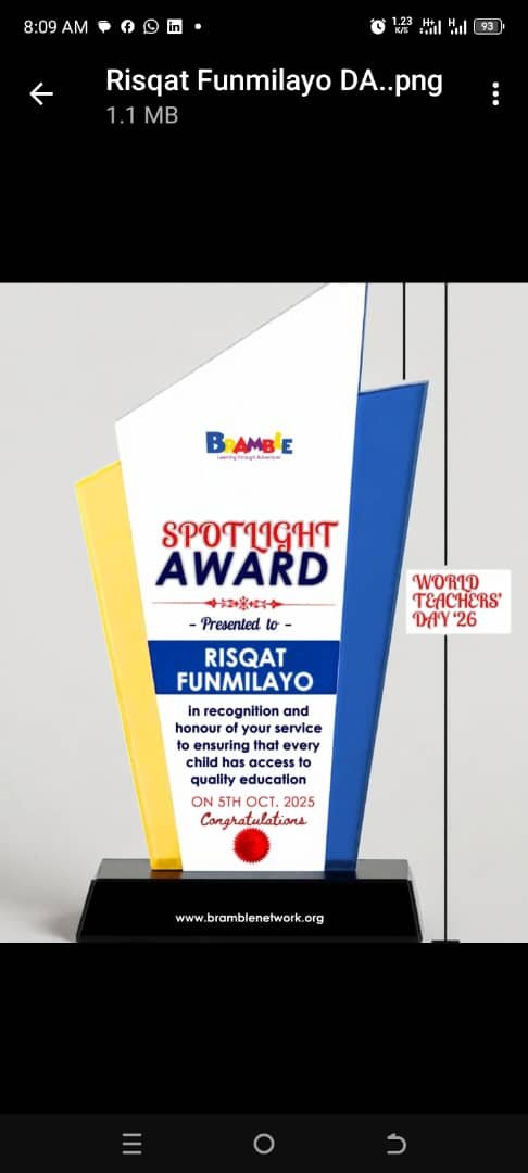BraceuptheYoung's tweet photo. Congratulations to Risqat Funmilayo, a teacher at Brace Up The Young College, on receiving the 2026 World Teachers’ Day Spotlight Award! 🏆

We’re proud to celebrate this recognition with you.

Here's to making more impact through education! ✨ https://t.co/2HRSx1OfjV