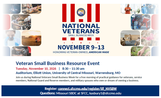 SBA_KansasCity's tweet photo. Join us during National Veterans Small Business Week for a free morning of practical guidance for veterans, service members, and military spouses who own or dream of owning a business.

November 10, 2026 8:30-11:30 am
Register: https://t.co/HthB0nTZFV https://t.co/ucVJAMVioT
