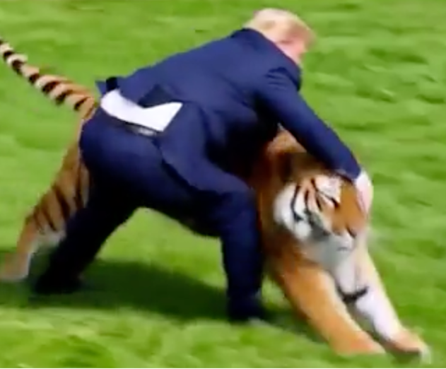 RichardDawkins's tweet photo. Ladies and Gentlemen, the President of the United States. So dignified. So presidential. Such a credit to his country.

Trump posts AI video of himself wrestling Yorkshire tiger that killed a man https://t.co/yB5g2Bhz3Q