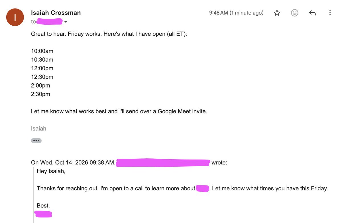 IsaiahCrossman's tweet photo. I have Grok @bot check my email every 15 min and draft replies to anything that needs one.

Started by having Claude Opus 5.5 go through my email and write a style guide for my voice. Gave that to my bot.

I didn't edit this email at all. Quick read, hit send.

Other benefit is when I see the red "Draft" in my inbox I know it means it requires a reply.